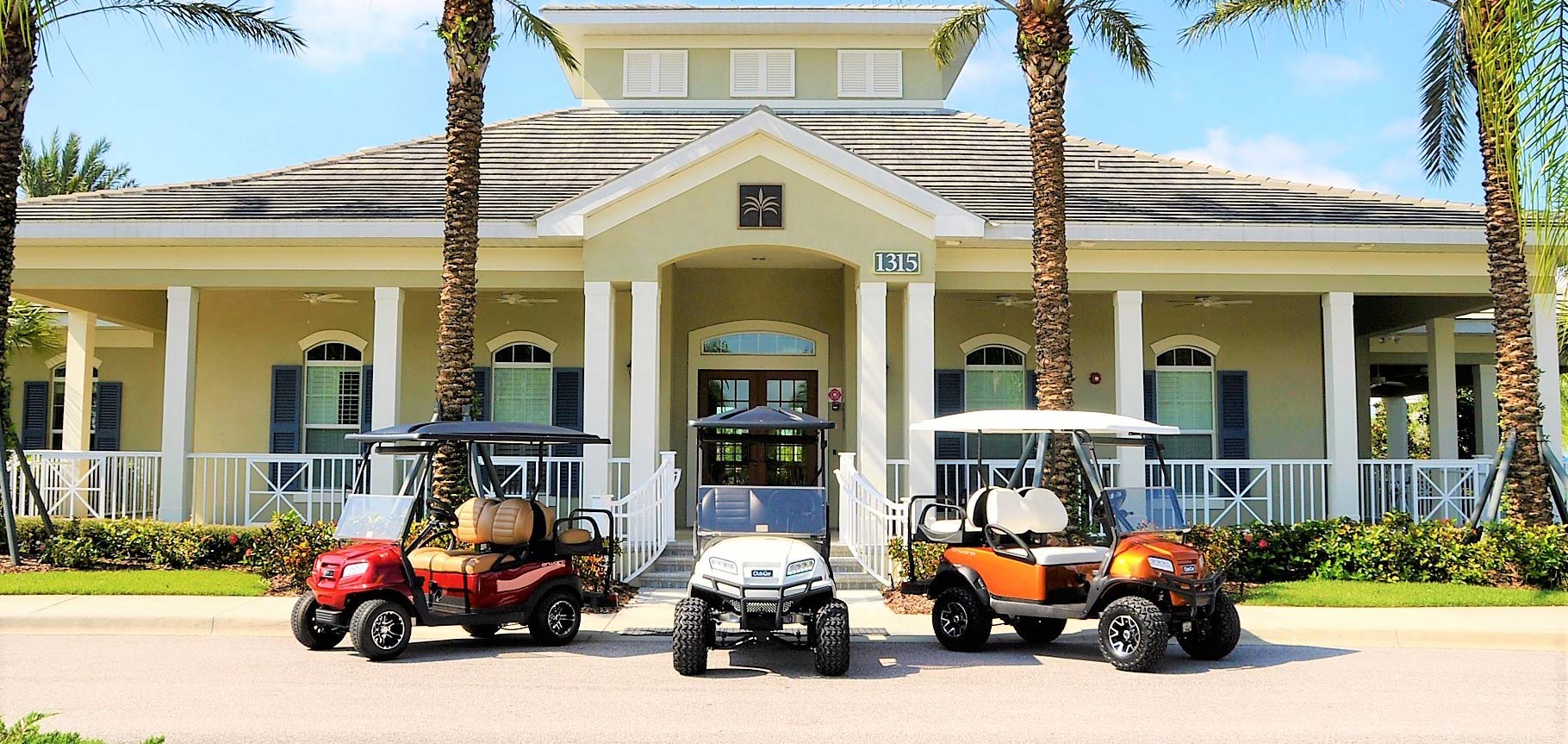 Lineup of three golf carts in front of club image