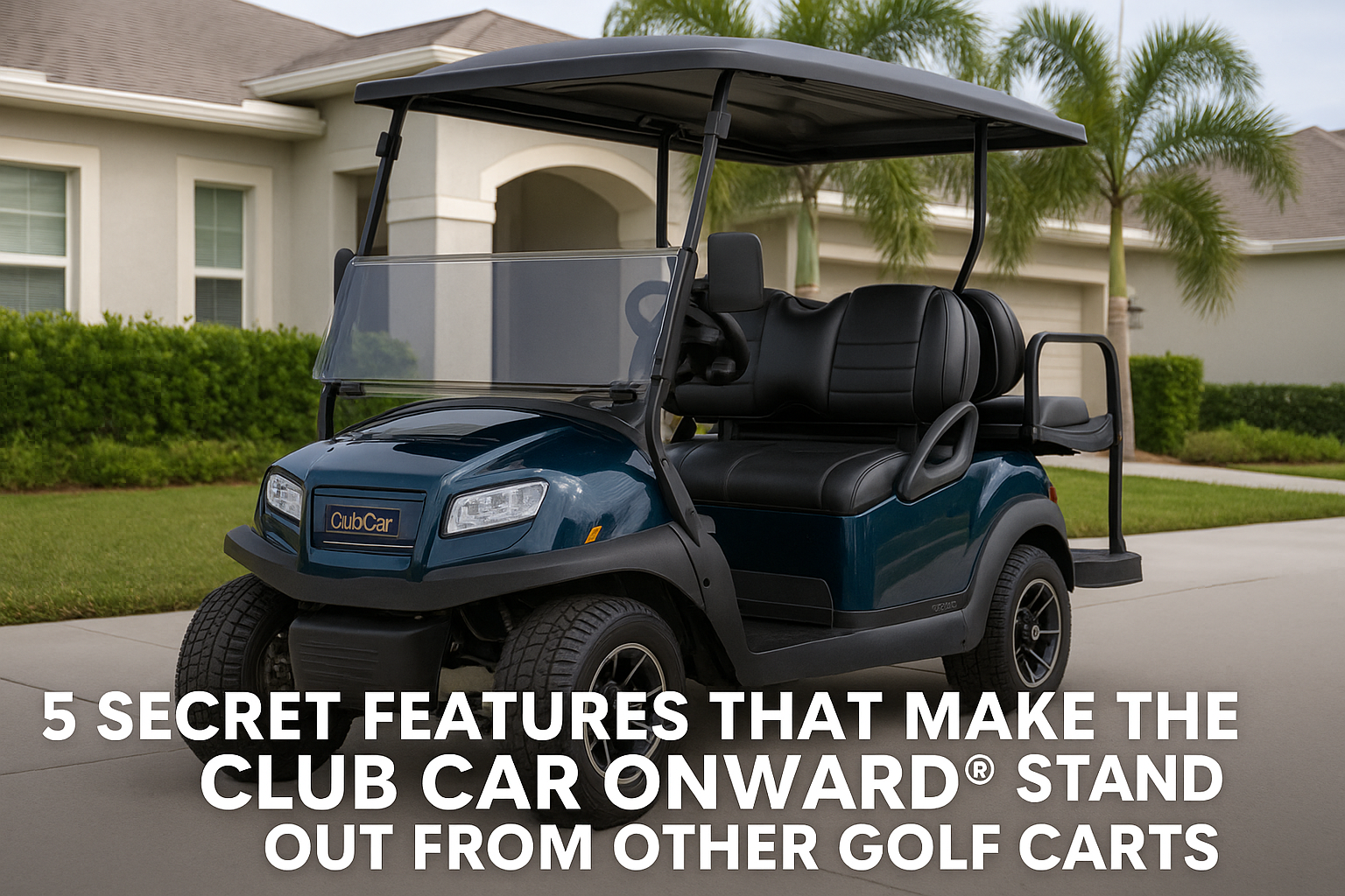 A sleek Club Car Onward® four-passenger golf cart in Heritage Blue parked in front of a modern Florida home with palm trees, showcasing its luxury design and premium build for a professional blog about golf carts in North Port, FL.