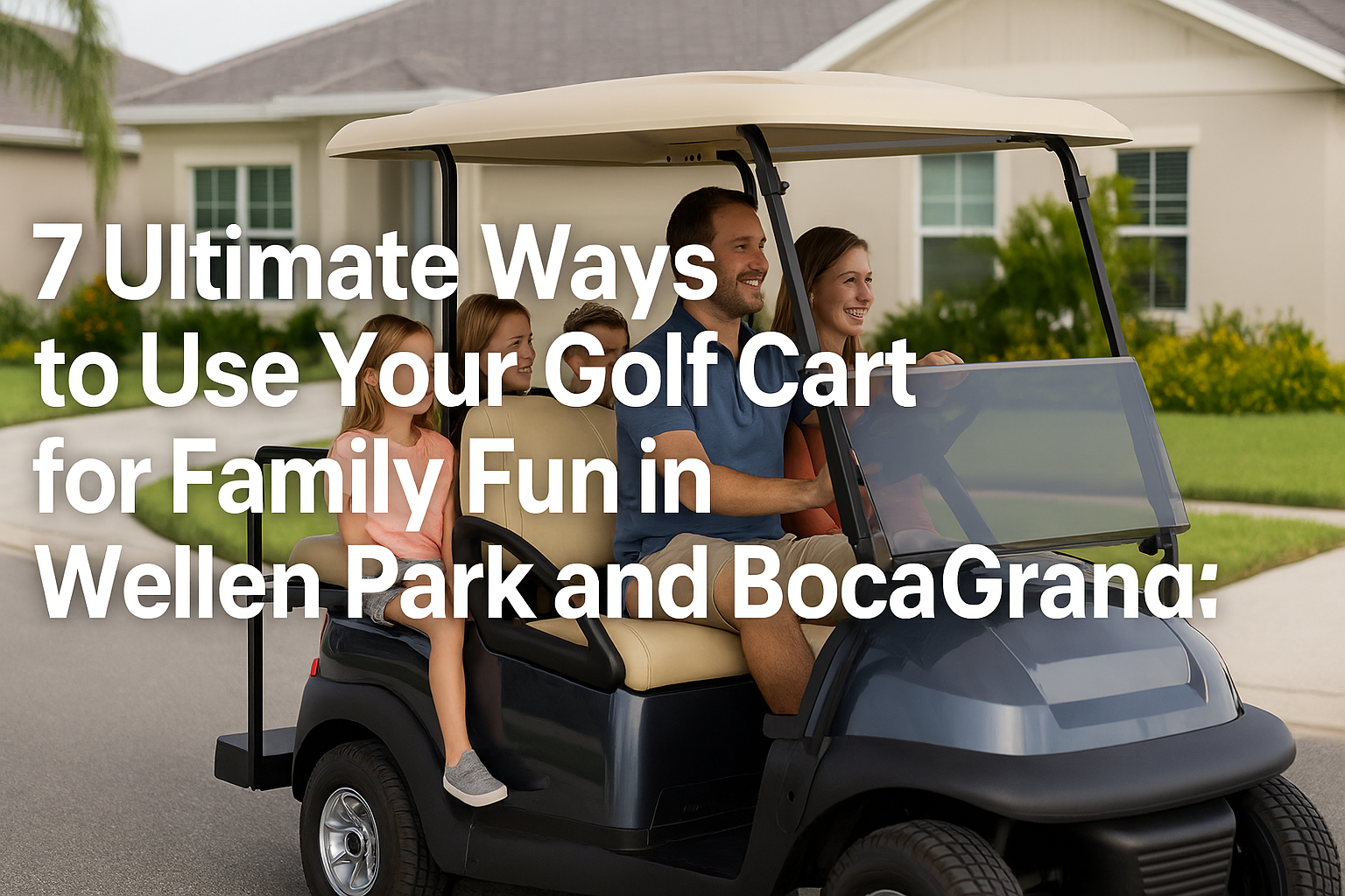 A family of four rides together in a modern, gray 4-passenger golf cart through a sunny Florida neighborhood with palm trees and manicured lawns, representing family fun in Wellen Park and Boca Grande.
