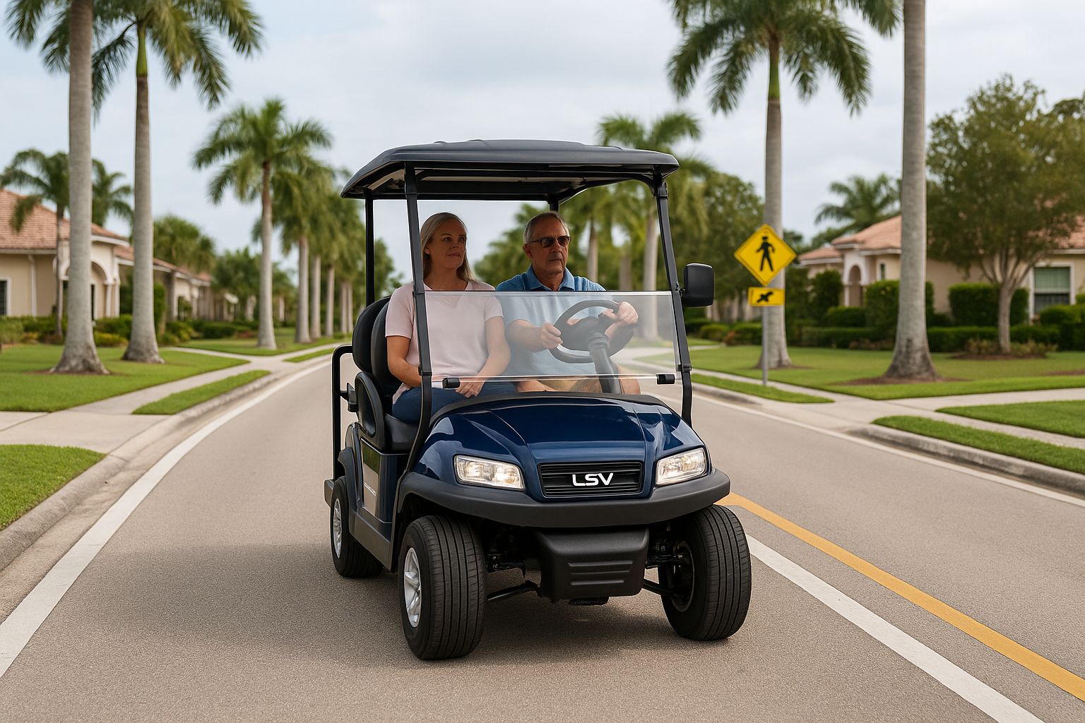 A modern blue street-legal LSV golf cart drives along a palm-lined Florida neighborhood street, featuring headlights and safety belts — ideal for a blog about safe LSV driving on Florida roads.