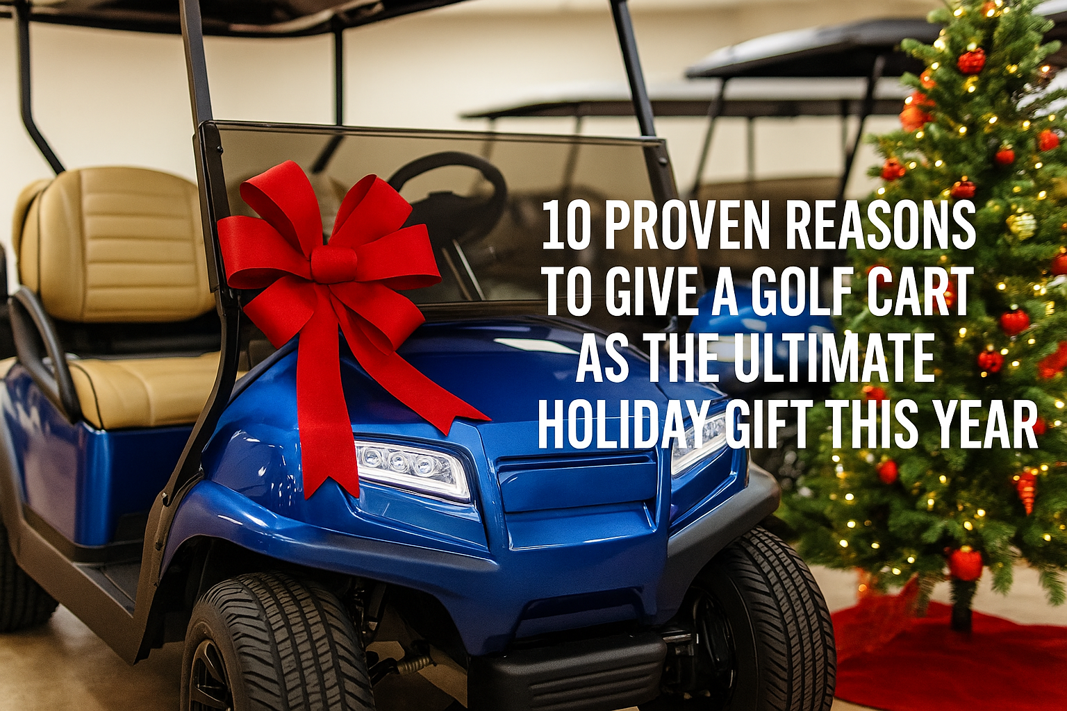 A festive holiday photo showing a sleek blue Club Car golf cart adorned with a large red bow, parked beside a decorated Christmas tree with gold and red ornaments — perfect for a blog about giving golf carts as the ultimate holiday gift.