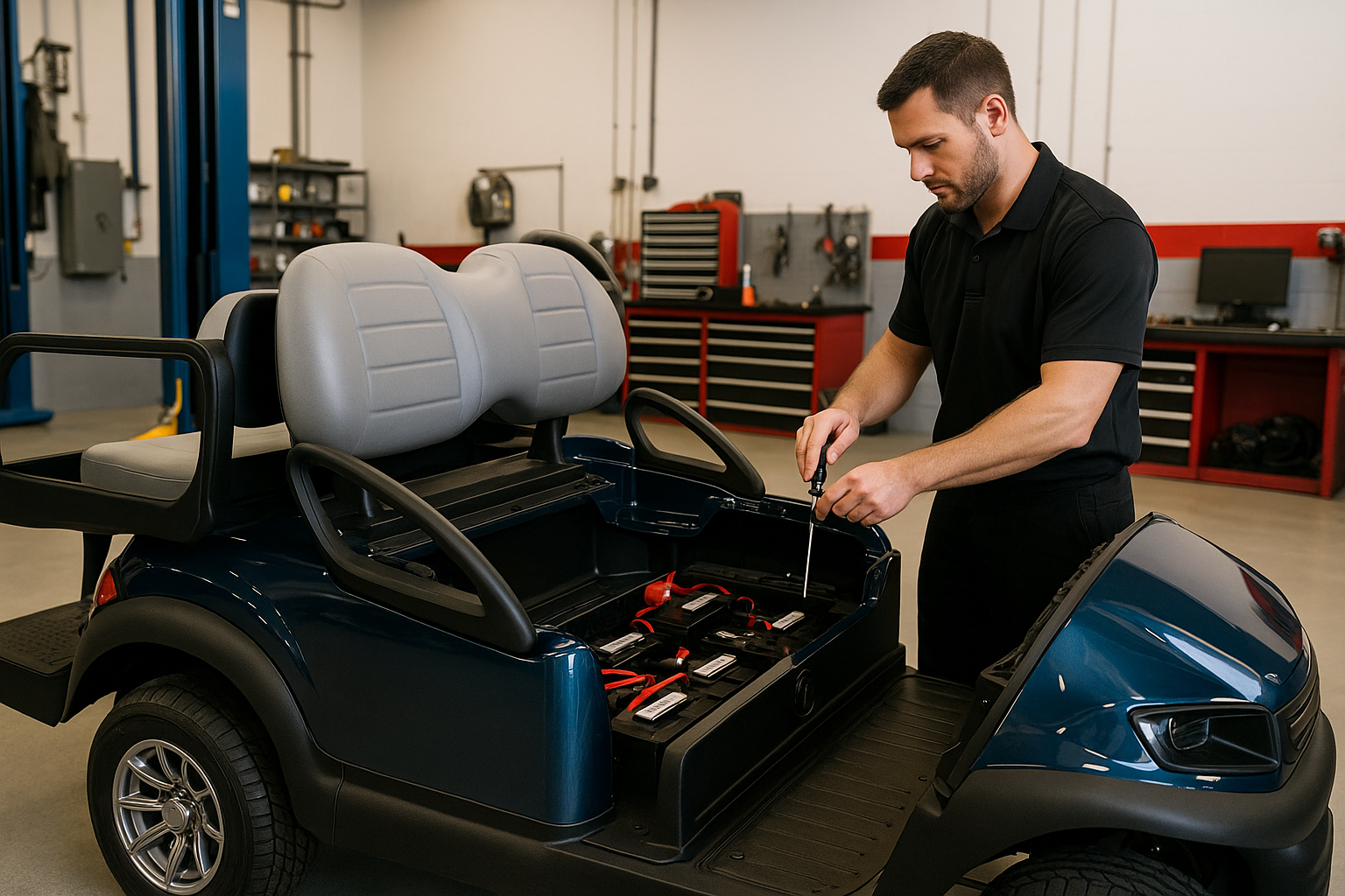 A technician performs maintenance on a modern blue Club Car golf cart inside a clean, well-lit service shop — ideal for a blog about golf cart maintenance in Venice, Florida.