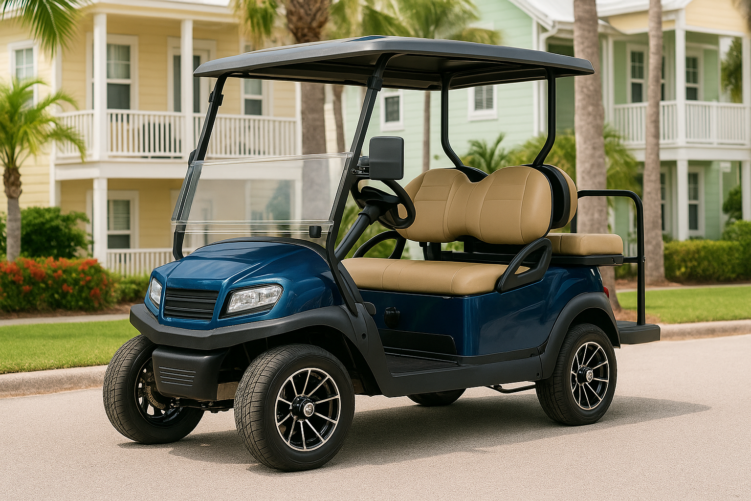 A sleek blue 4-passenger golf cart parked on a sunny street in Boca Grande, Florida, surrounded by pastel coastal homes, palm trees, and tropical landscaping — ideal for a blog about renting a golf cart.