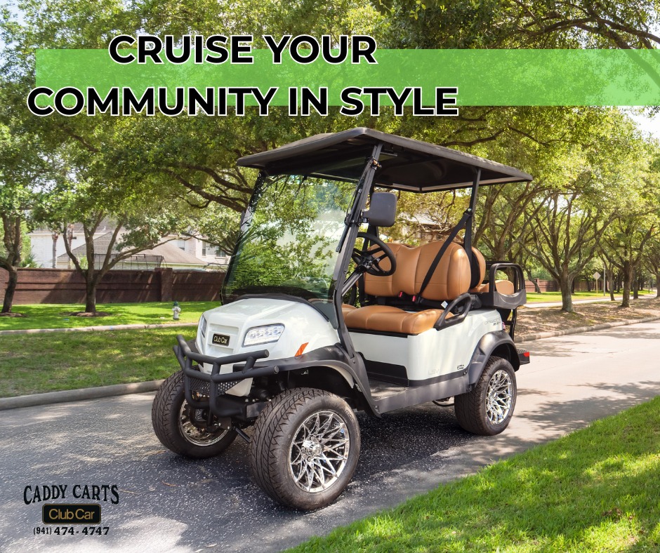 White Club Car golf cart on sidewalk with trees ready to explore Wellen Park