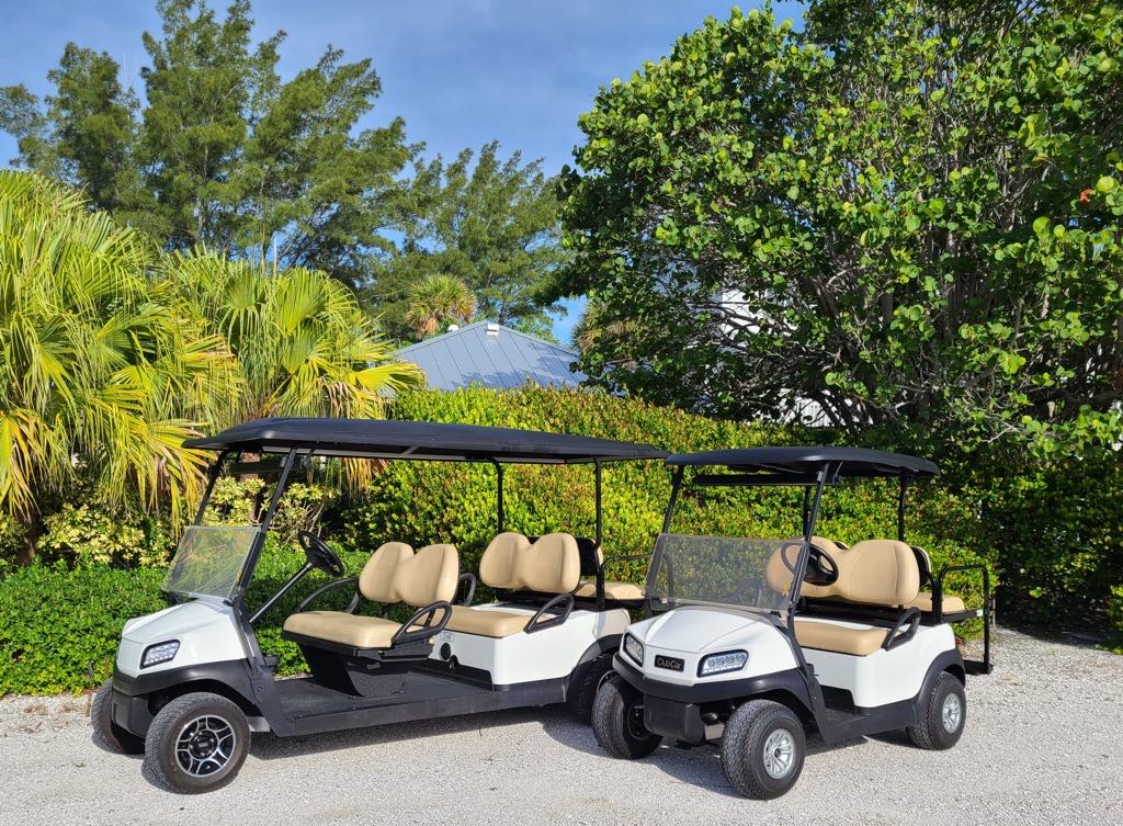 4 and 6 passenger Boca Grande golf cart rental on a lush Boca Grande path