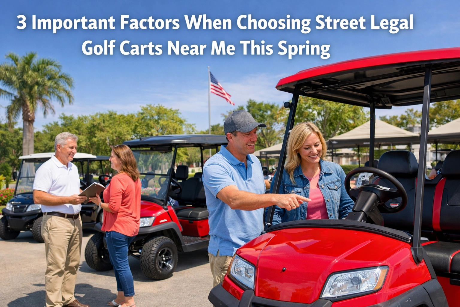 a couple picking out a red golf cart