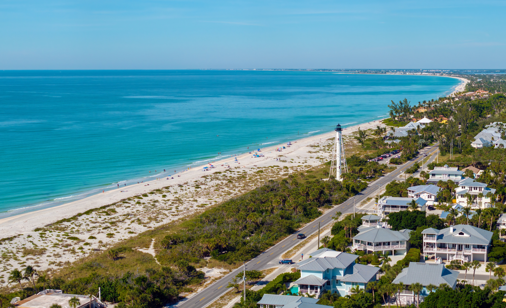 arial view of beach, lighthouse, and streets where you can enjoy your Boca Grande Golf Cart Rental